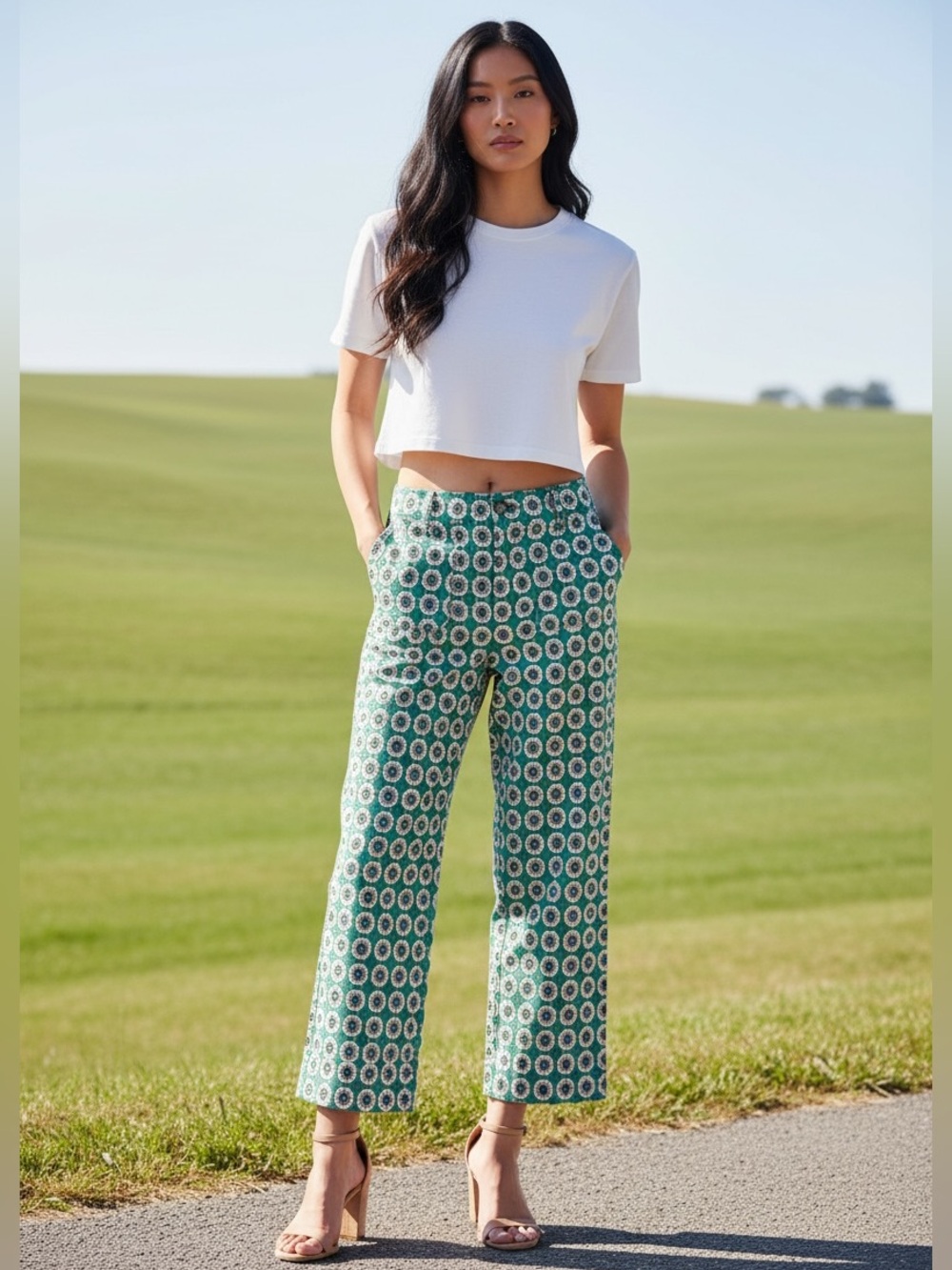 Anthropologie Maeve Colette Wide Leg Crop Pants Green Motif Geometric 28P